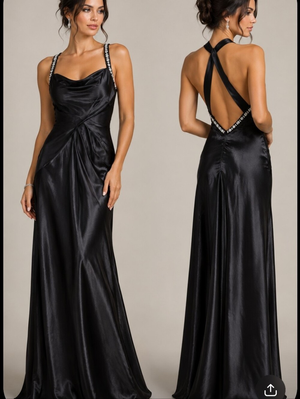 Juno VintageY2K Black Satin Evening Cowl Neckline maxi Dress with Beaded Straps